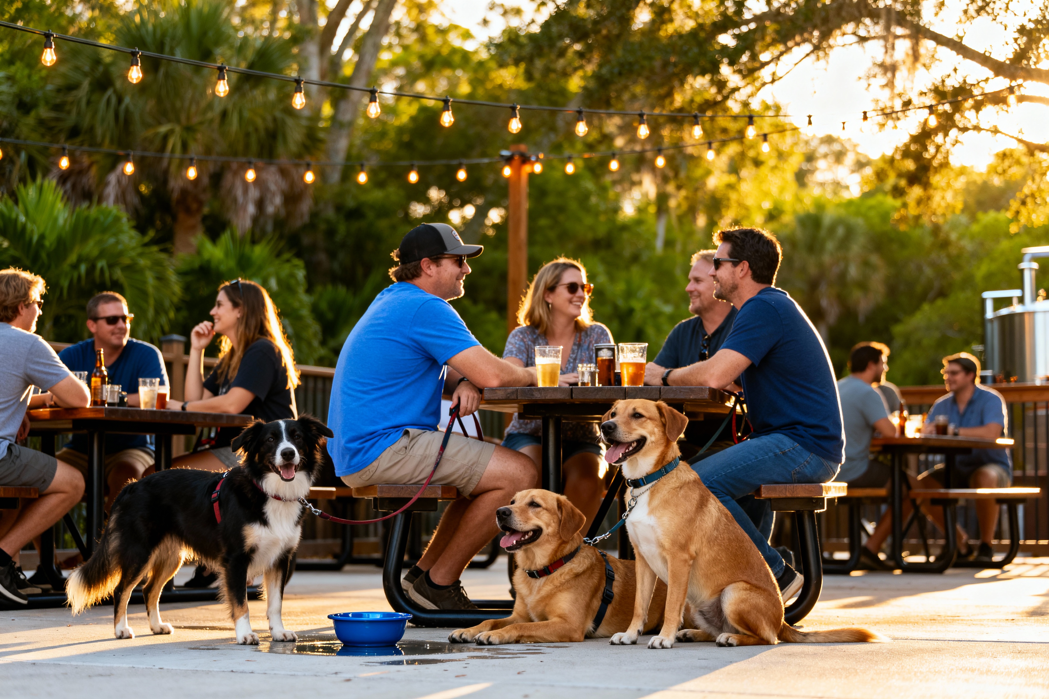 Dog-friendly patio with dogs and people enjoying drinks
