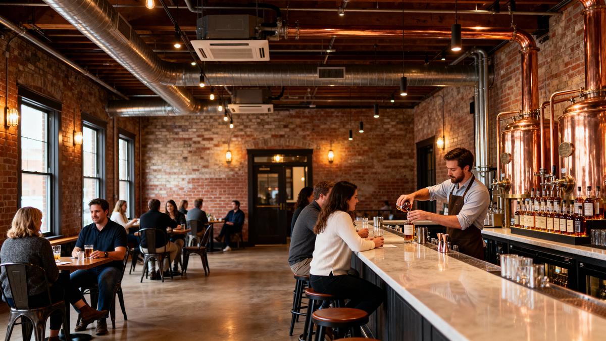 Copper stills and tasting bar inside a distillery